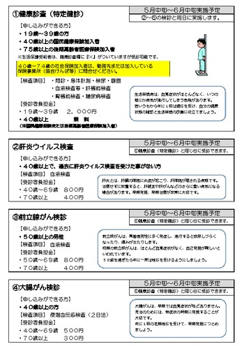 （1）健康診査（特定健診）　（2）肝炎ウイルス検査　（3）前立腺がん検診 　（4）大腸がん検診